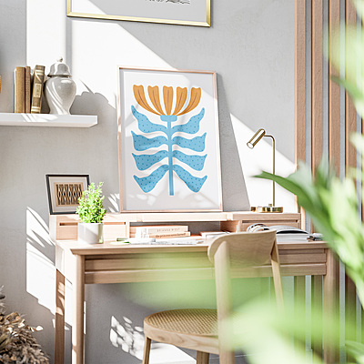 Blue Orange Floral Poster I Abstract Botanical Art