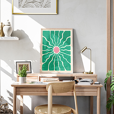 Green and Pink Sunburst Art Print Poster  I Retro Floral Wall Decor