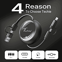 Techie TRC100B 4 in 1 Retracable Cable, 1M