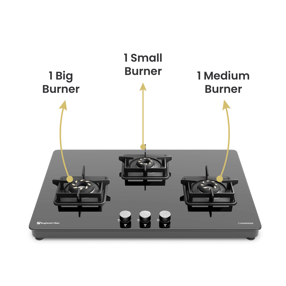 3 Burner Glass Hob Top Cooktop Manual Ignition