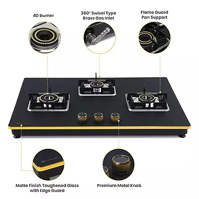 Shine Gold Three Burner Gas Stove | Hob Top Auto Ignition