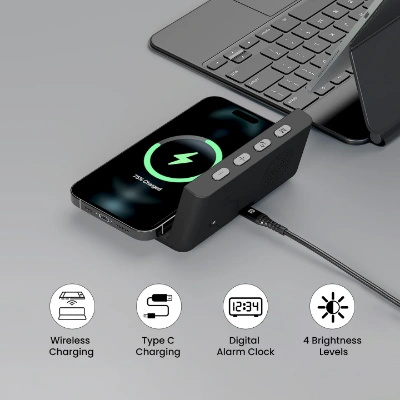 Portronics Freedom 4A a Desktop Wireless Mobile Charger with QC Adapter for Fast Charging and Alarm Clock (Black) Portronics Freedom 4A a Desktop Wireless Mobile Charger with QC Adapter for Fast Charging and Alarm Clock (Black)