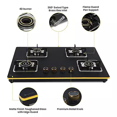 Shine Gold Four Burner Gas Stove | Hob Top Auto Ignition