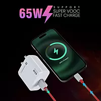 Portronics Adapto 65A 65W Fast Charger & USB-A to Type C Cable for OnePlus, Oppo, Realme