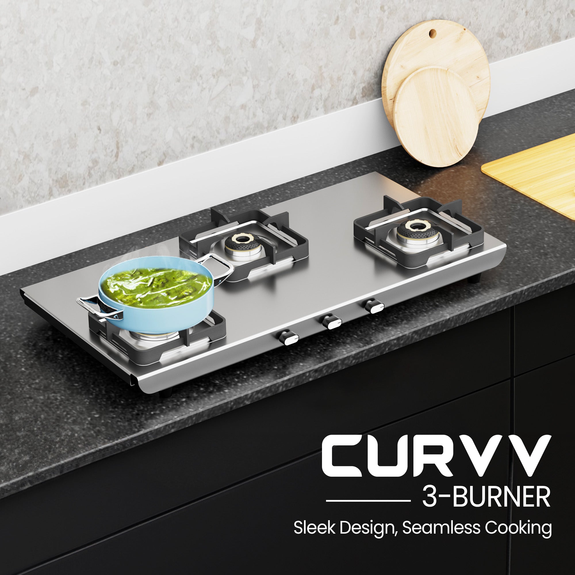 Matte Stainless Steel Cooktop Manual Ignition 3 Burner