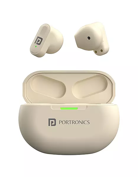 Portronics Twins S17 – TWS Earbuds, featuring HD Mic for clear calls, sleek design in Beige, long battery life, and comfortable fit for all-day use. Perfect for music lovers and on-the-go.