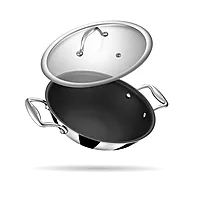 Stahl Artisan Schild Kadhai Triply Stainless Steel + PEEK-Reinforced Non-Stick Kadhai | Induction Compatible | with Glass Lid