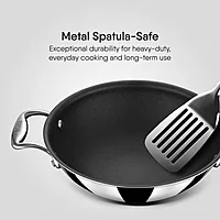 Stahl Artisan Schild Kadhai Triply Stainless Steel + PEEK-Reinforced Non-Stick Kadhai | Induction Compatible | with Glass Lid
