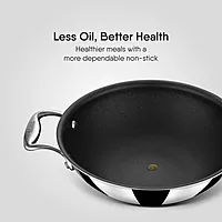 Stahl Artisan Schild Kadhai Triply Stainless Steel + PEEK-Reinforced Non-Stick Kadhai | Induction Compatible | with Glass Lid