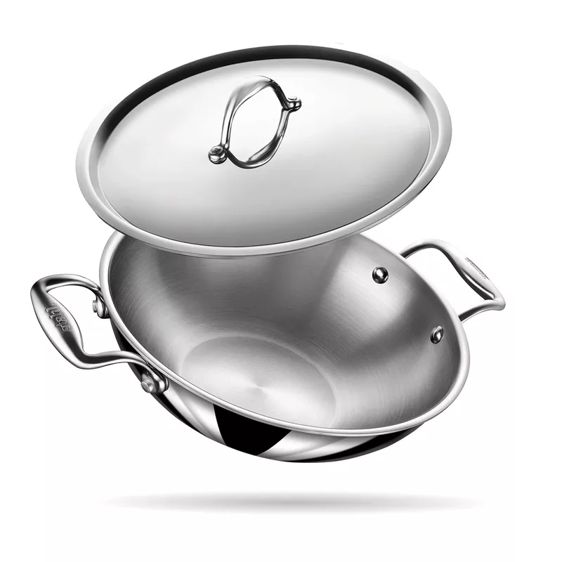 Stahl Artisan Triply Stainless Steel Kadhai with Lid, Kadai for Cooking, Stainless Steel Cookware Triply Kadai, Induction & Gas Stove Compatible