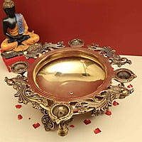 Brass Peacock Four Diya Urli Decorative Bowl - 6 inch Height | Brass Urli Decorative Bowl with Peacock Design and Four Diyas for Graceful Lighting