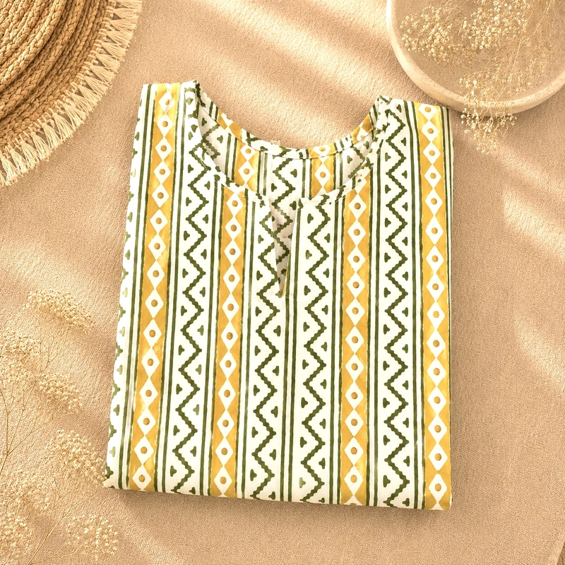 Yellow Ganthi Block Printed Short Kurti