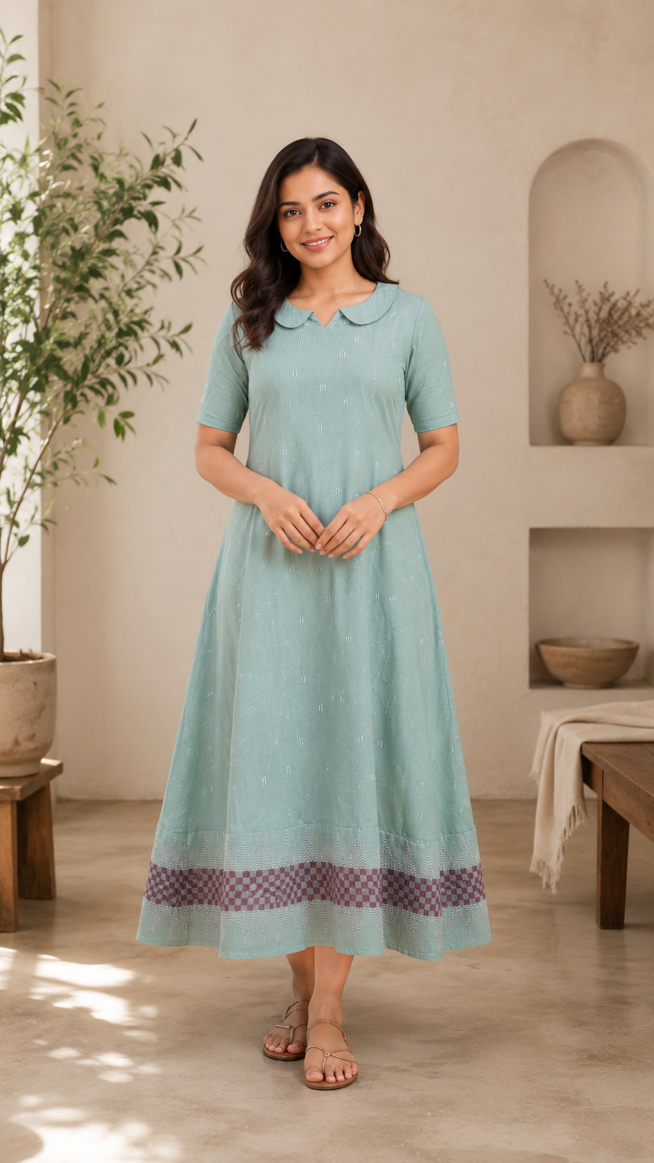 Women's Mint Green Cotton A-Line Top with Peter Pan Collar Women's Mint Green Cotton A-Line Top with Peter Pan Collar