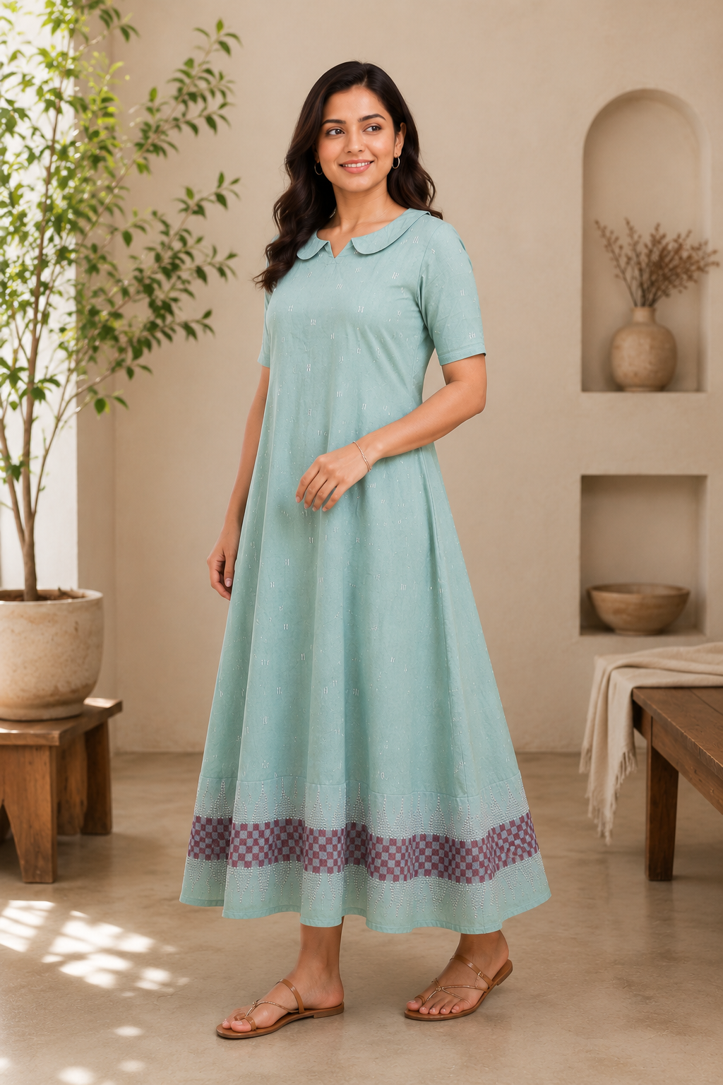 Women's Mint Green Cotton A-Line Top with Peter Pan Collar Women's Mint Green Cotton A-Line Top with Peter Pan Collar