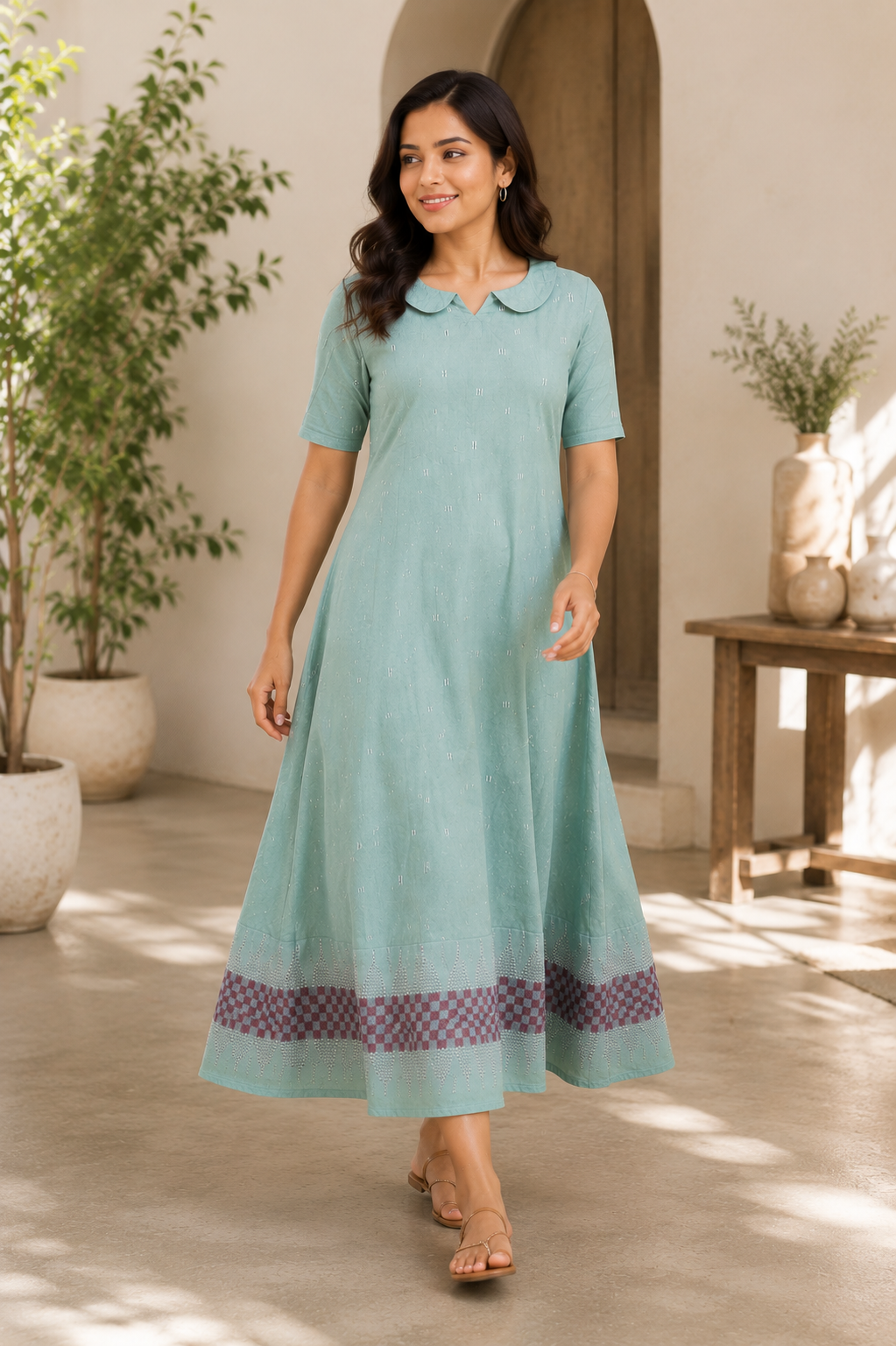 Women's Mint Green Cotton A-Line Top with Peter Pan Collar Women's Mint Green Cotton A-Line Top with Peter Pan Collar