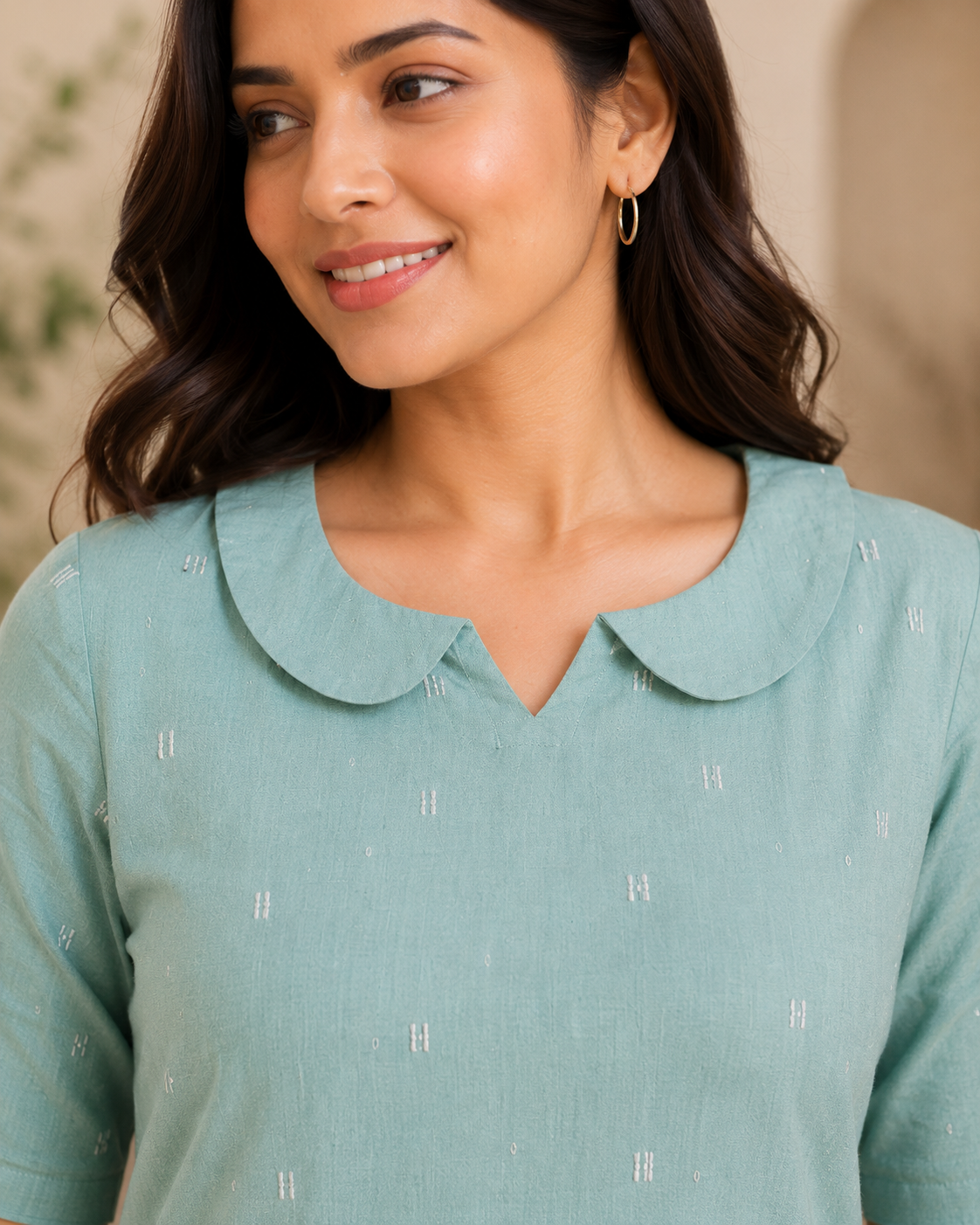 Women's Mint Green Cotton A-Line Top with Peter Pan Collar Women's Mint Green Cotton A-Line Top with Peter Pan Collar