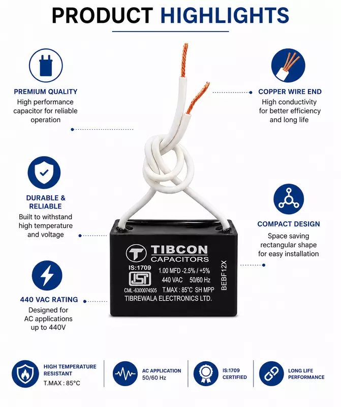 Tibcon 1 MFD Fan Capacitor | 440V | Box Type | Dry