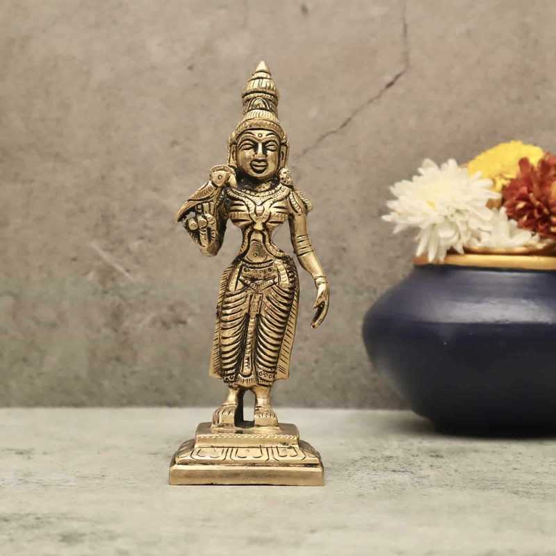 Brass Madurai Meenakshi Devi - 7 inch Height | Ornate Brass Idol of Madurai Meenakshi Devi for Sacred Devotion