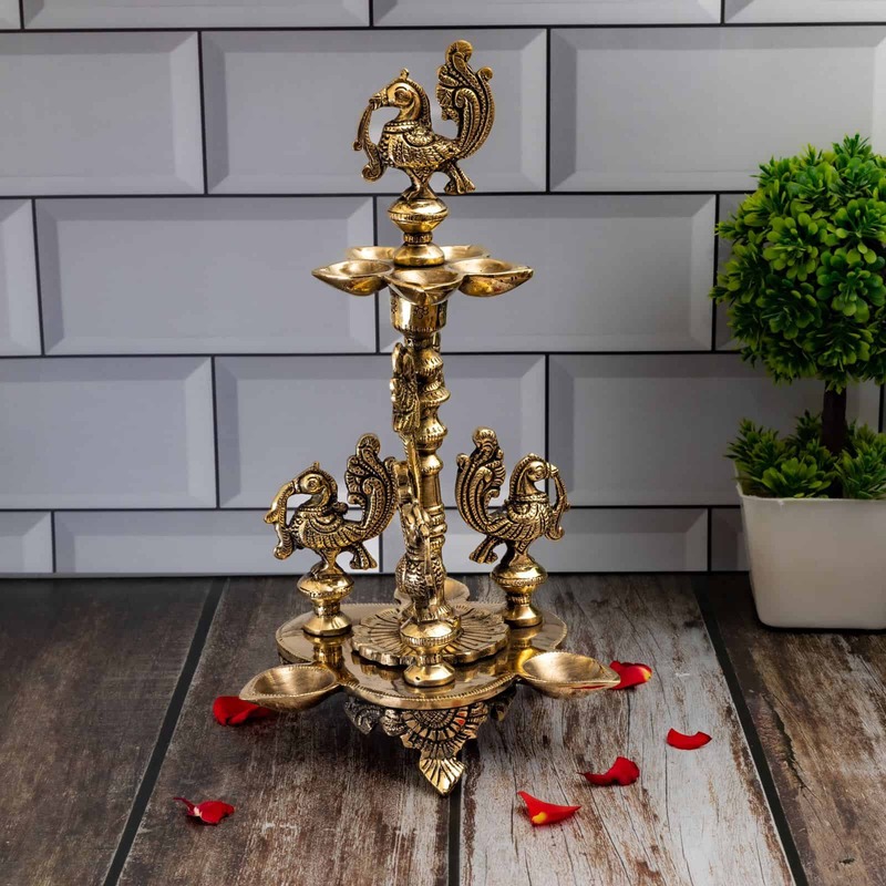 Brass Four Birds Eight Wick Diya Lamp - 11 inch Height | Exquisite Brass Diya Lamp with Four Birds and Eight Wicks for Rituals and Illumination