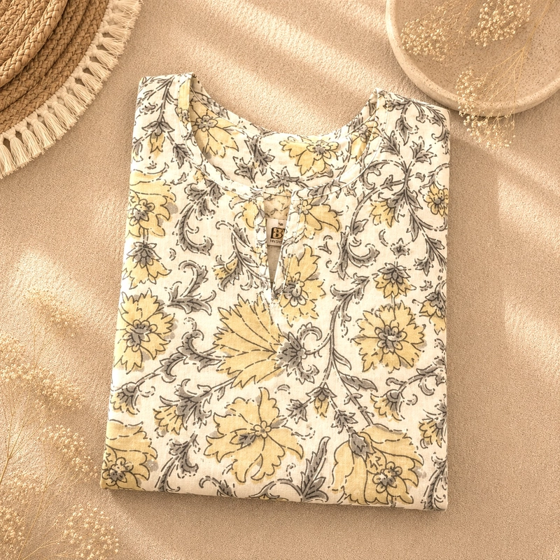 Beige Ajrakh Block Printed Short Kurti