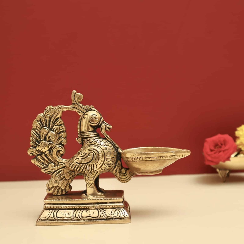 Brass Peacock Design Diya for Pooja and Home Decor - 6.2 inch Height | Ornate Brass Diya with Peacock Design for Pooja and Decorative Purposes