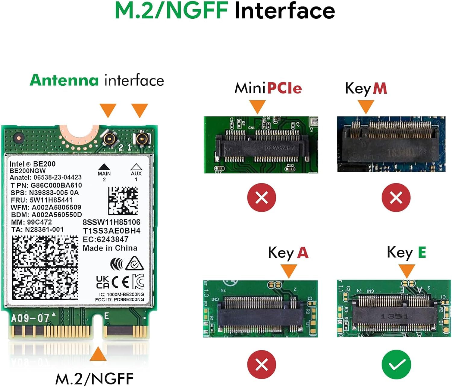WiFi7 Network Card Intel BE200 NGW 8774Mbps Bluetooth 5.4 802.11be NGFF M.2 Module MU-MIMO, WPA4, Wireless Network Adapter for Laptop, Only Works for Windows 11 (64-bit)