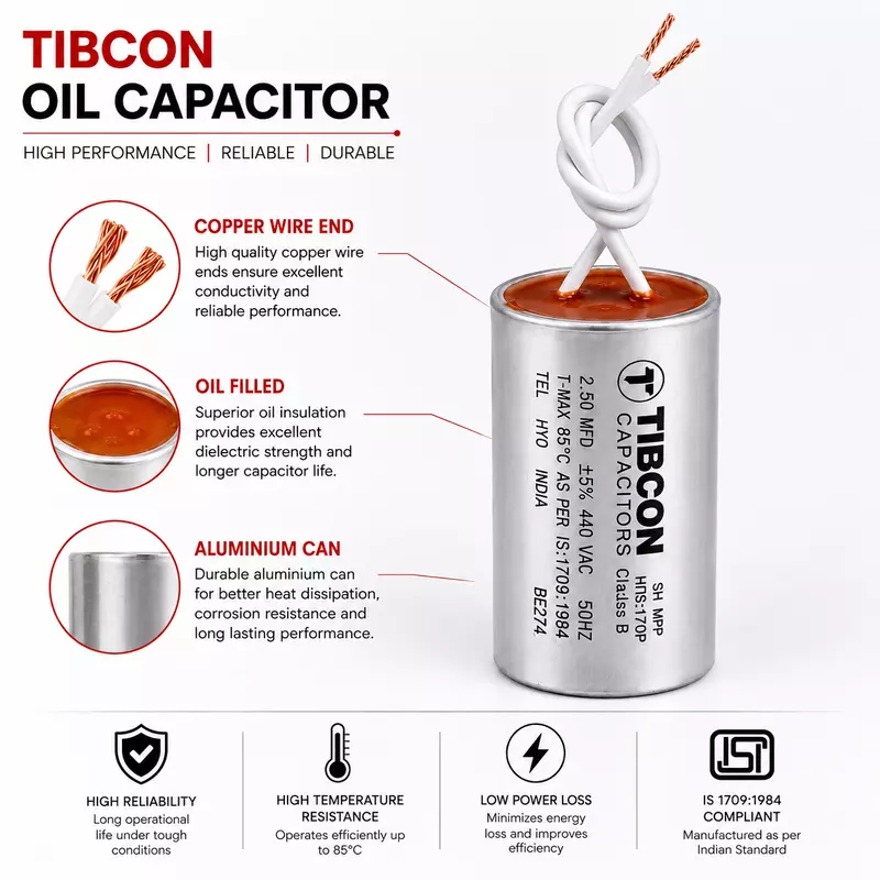 Tibcon 2.5 MFD Fan Capacitor | 440V | Oil Filled | Wire Type
