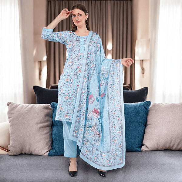 Floral Cotton Salwar Kameez with Dupatta, 3-Piece Traditional Indian Dress Set