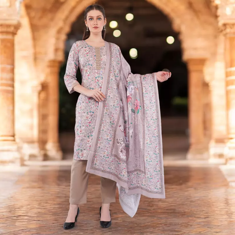 Cotton Chikan Work Salwar Suit, Dupatta, Floral Embroidery, Lilac Grey