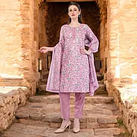 Women's Floral Print Embroidered Cotton Salwar Suit Set, Pink, 3-Piece with Dupatta