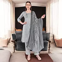 Women's Cotton Salwar Suit Set, Grey Printed Kurta with Geometric Pattern