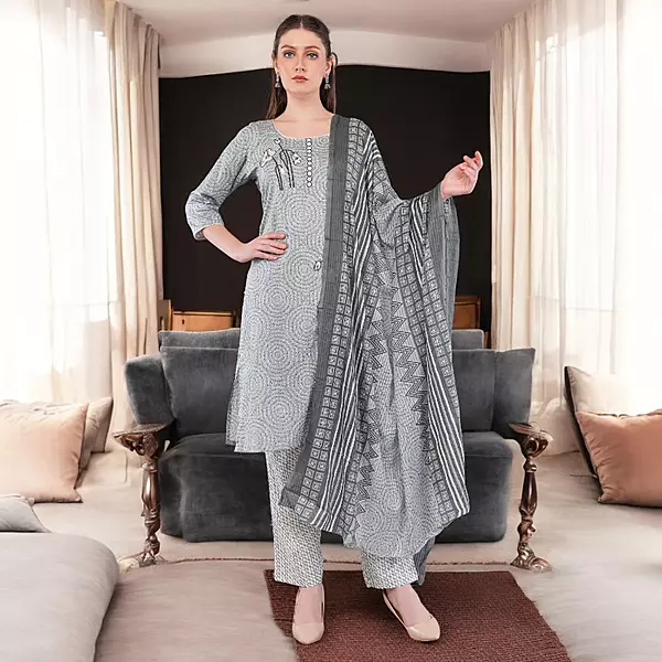 Women's Cotton Salwar Suit Set, Grey Printed Kurta with Geometric Pattern