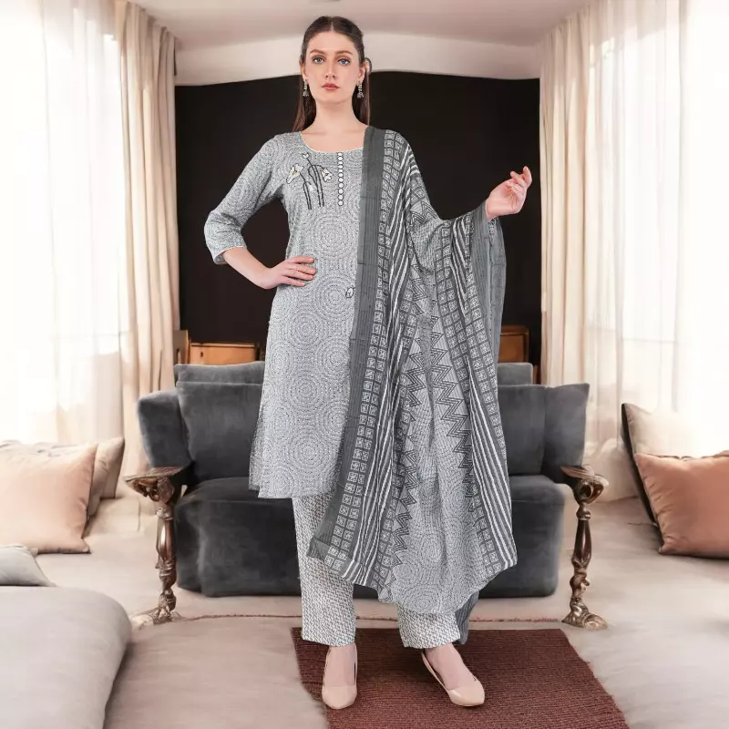 Women's Cotton Salwar Suit Set, Grey Printed Kurta with Geometric Pattern
