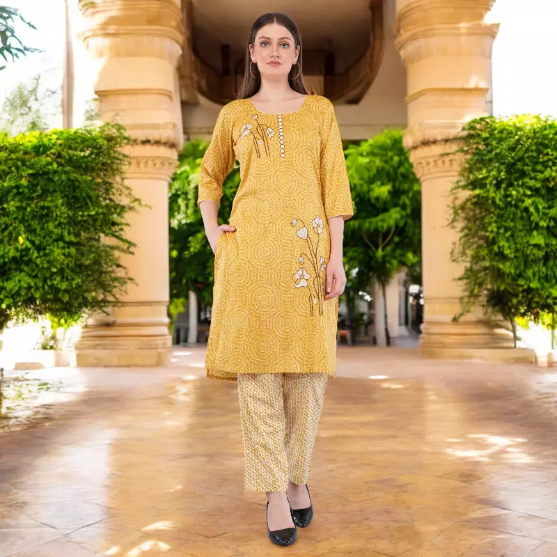 Traditional Cotton Salwar Kameez with Dupatta, Yellow Printed, 3-Piece Ethnic Set