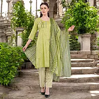 Women's Cotton Salwar Suit Set, Green Printed Kurta with Geometric Pattern Dupatta, 3/4 Sleeve
