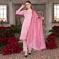 Cotton Salwar Suit Set with Printed Kurta, Pant and Dupatta, Pink