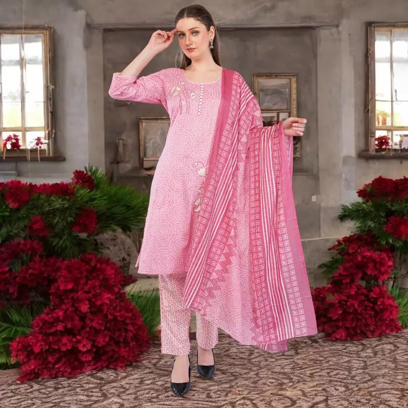 Cotton Salwar Suit Set with Printed Kurta, Pant and Dupatta, Pink