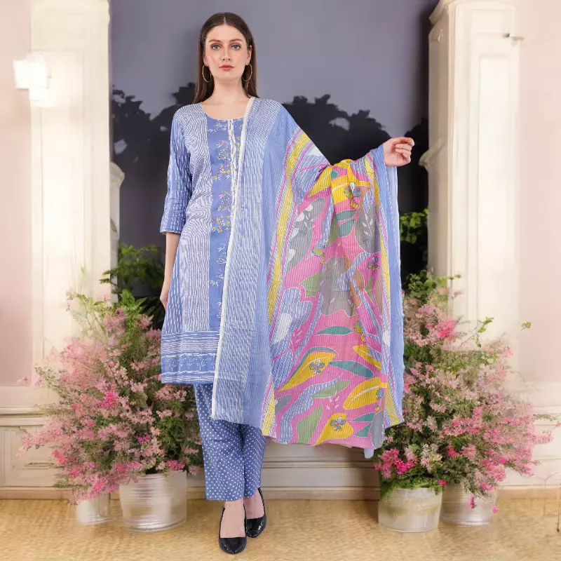 Cotton Salwar Suit Set with Printed Dupatta, Blue Striped Kurta with Polka Dot Pants