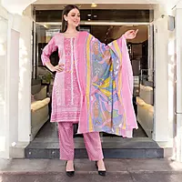 Cotton Salwar Kameez Set, Pink Printed Kurta with Polka Dot Pants and Multicolour Dupatta, 3-Piece