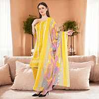 Cotton Salwar Suit with Floral Dupatta, Yellow Printed Dress Set, Indian Ethnic Wear