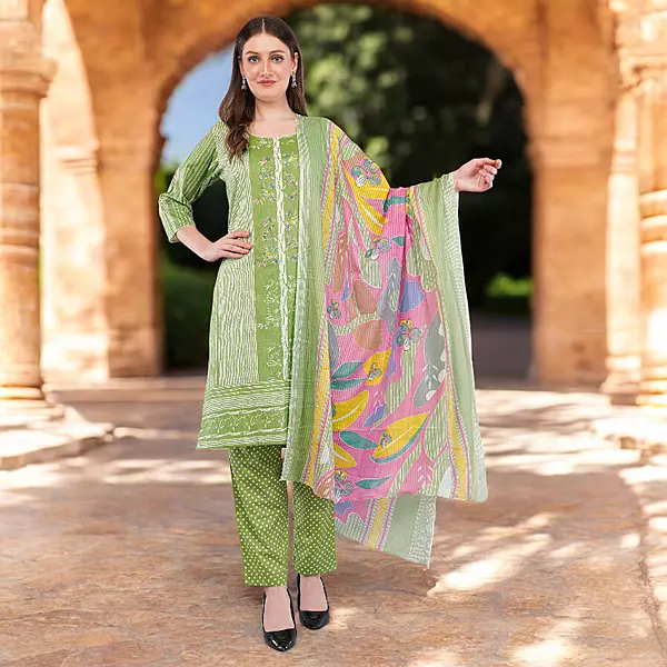 Cotton Salwar Kameez Suit Set, Green Printed, 3-Piece with Floral Dupatta