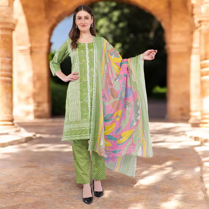Cotton Salwar Kameez Suit Set, Green Printed, 3-Piece with Floral Dupatta