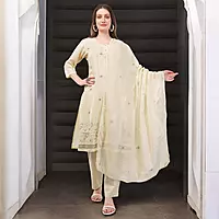 Women's Cream Cotton Salwar Suit Set with Embroidered Kurta, Pants and Dupatta, 3/4 Sleeve
