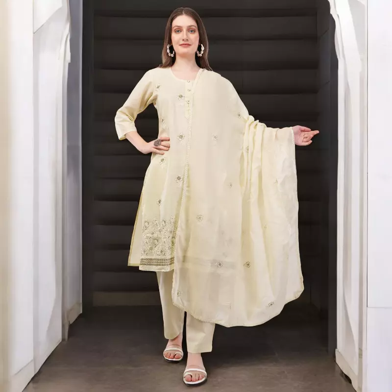 Women's Cream Cotton Salwar Suit Set with Embroidered Kurta, Pants and Dupatta, 3/4 Sleeve