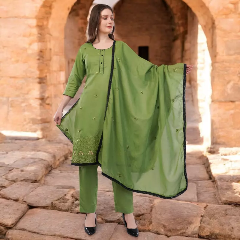Women's Cotton Salwar Suit Set, Green Embroidered, 3-Piece with Dupatta and Black Lace Trim
