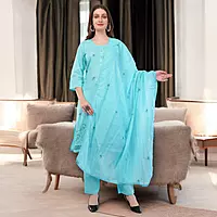 Women's Turquoise Embroidered Cotton Salwar Suit Set with Dupatta, 3-Piece Traditional Dress