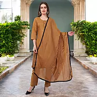 Women's Caramel Brown Embroidered Salwar Suit Set with Dupatta, 3/4 Sleeve, Black Border Trim