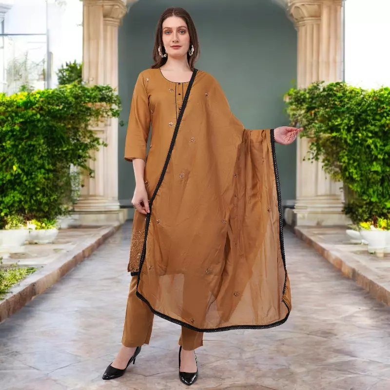 Women's Caramel Brown Embroidered Salwar Suit Set with Dupatta, 3/4 Sleeve, Black Border Trim