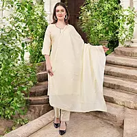 Cotton Salwar Suit Set with Embroidered Details, 3/4 Sleeves, Cream Colour, Dupatta Included