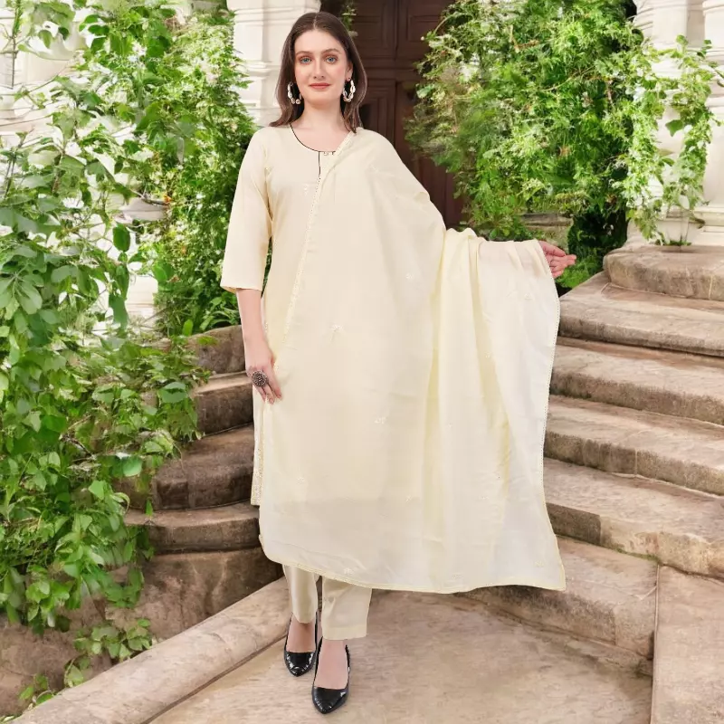 Cotton Salwar Suit Set with Embroidered Details, 3/4 Sleeves, Cream Colour, Dupatta Included
